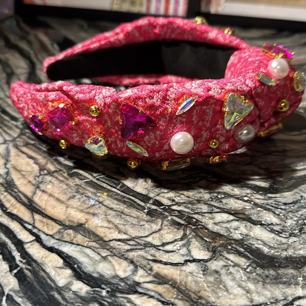 BRIANNA CANNON ADULT SIZE PINK TEXTURED HEADBAND WITH CRYSTALS AND PEARLS